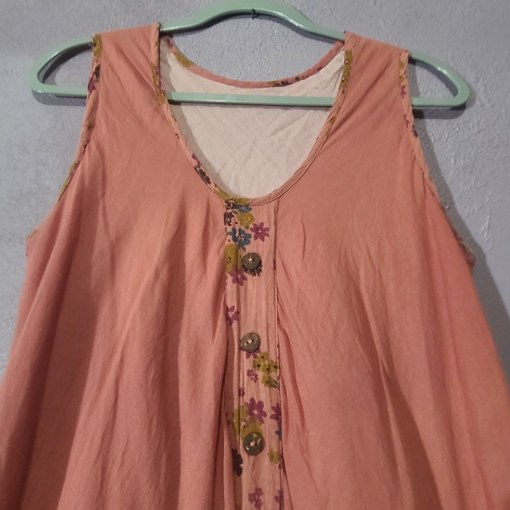 Fairycore Midi Dress Women Coral Pink Floral Trim Layered Boho Pockets Large - Picture 3 of 12